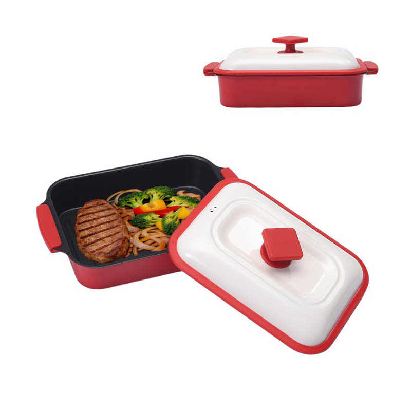 Stor kapacitet non-stick mikrovågsgrillpanna med lock för uppvärmning och matlagning